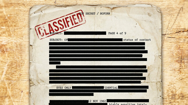 Aged document with red classified stamp and black redactions on textured background paper vintage