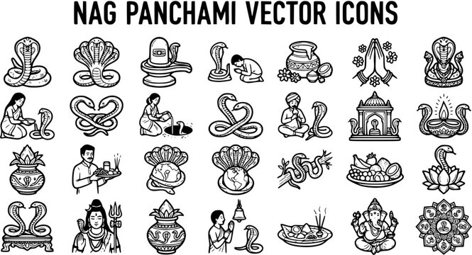 Nag Panchami Vector Icons: Snake, Deity, Worship, Hindu Culture, Line Art