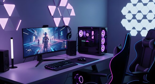 Futuristic gaming room setup with RGB lighting and modern desk