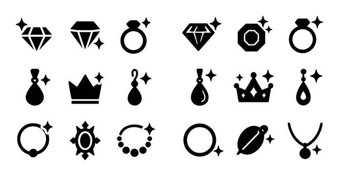 Jewelry and gem icons arranged on white grid layout