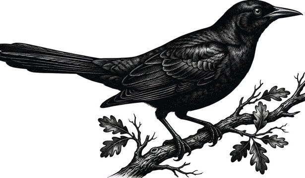 Detailed mezzotint Common Grackle silhouette vector illustration with engraved wildlife texture