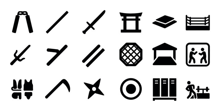 Martial arts weapons icons arranged in grid set