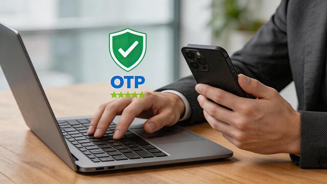 Man typing on laptop keyboard while holding smartphone for OTP verification, secure login process, two factor authentication, cyber security protection, online banking safety