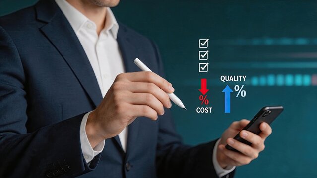 Businessman in suit analyzing cost reduction and quality improvement metrics on smartphone screen, red down arrow for cost percentage, blue up arrow for quality percentage,