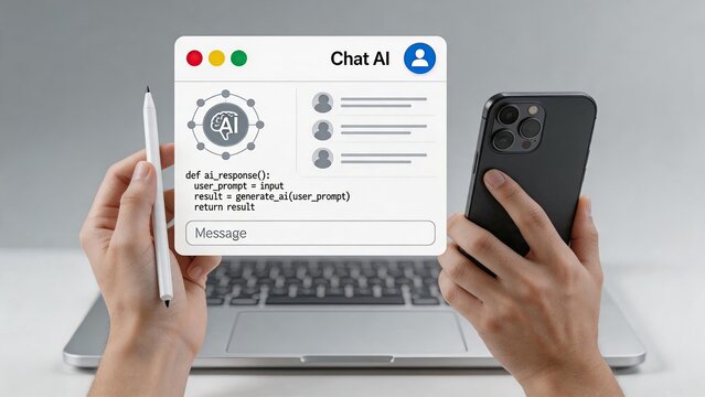 Artificial intelligence chat interface with code script on screen, AI bot conversation concept, machine learning algorithm development, future technology communication and