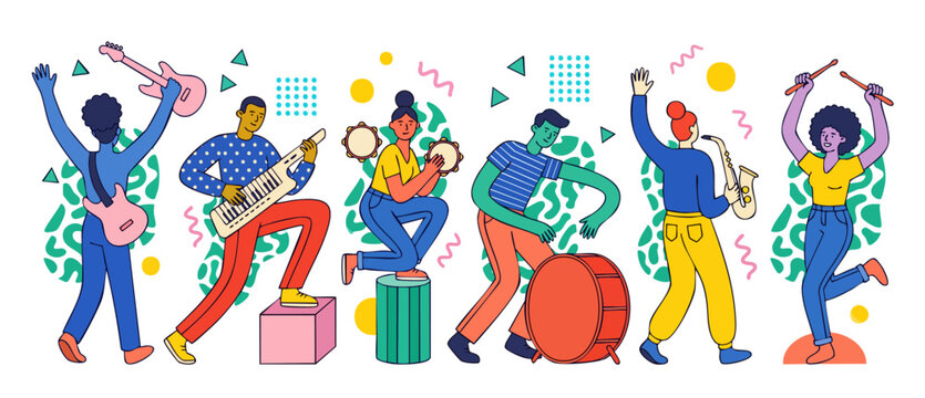 Music Band Playing Instruments Together, Modern Colorful Vector Illustration of Happy Musicians Performing Concert, Creative Musical Performance Concept for Festivals, Events and Cultural Celebration