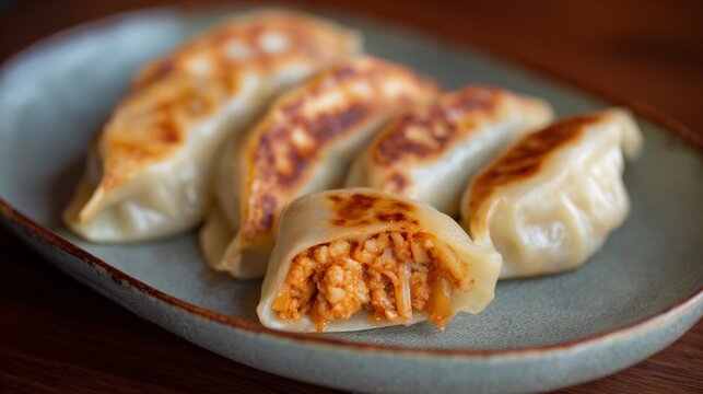Korean food kimchi dumpling Korean cuisine mandu filled kimchi pork dumplings steamed fried golden texture minimal clean composition