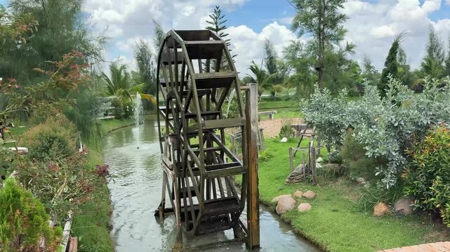 Streams, clear water, and meadows.	Water wheel