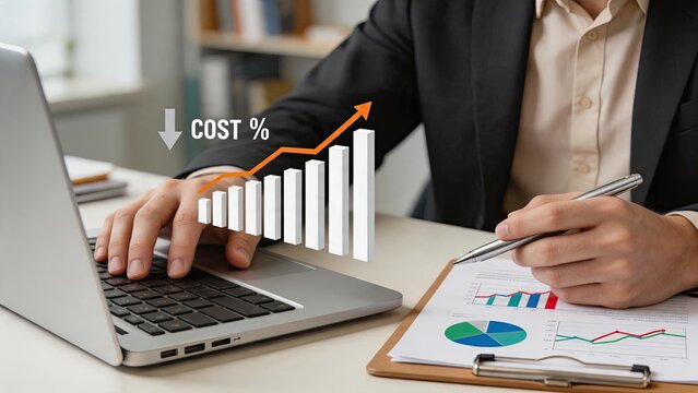 Businessman analyzing cost reduction and profit growth chart on laptop, financial strategy planning, corporate success metrics, data analysis concept