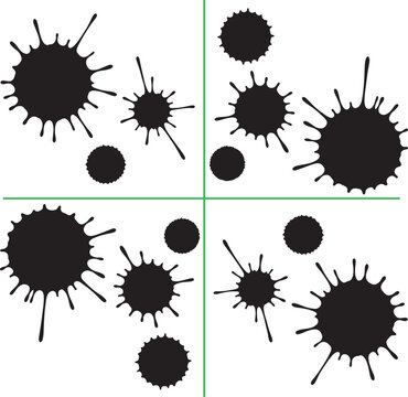 Black ink splatters and circular blobs arranged in four quadrants on a white background, divided by green lines also transparent background