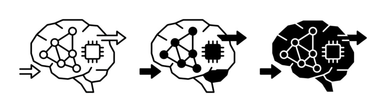 Artificial Intelligence Brain Icons, Neural Network Processing, Machine Learning Chip Concepts, AI Technology Flow