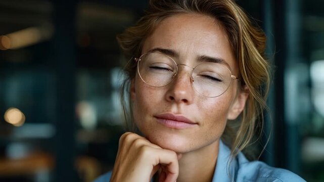 A Moment of Contemplation: A woman with a thoughtful expression closes her eyes, resting her chin on her hand, embodying serenity and introspection.