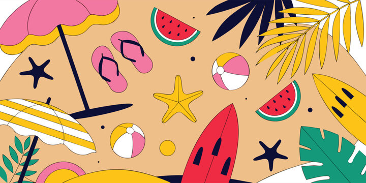 Flat lay composition of summer beach elements with watermelon and surfboard