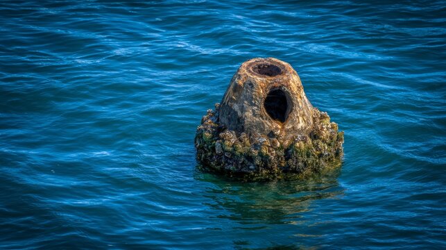 Weathered Buoy Floating in Rippling Blue Ocean Water