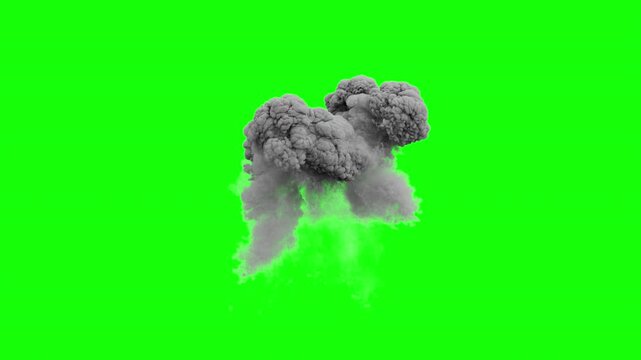 Realistic air explosion on green screen. 3d animation of a massive aerial explosion with smoke. Aerial blast with flame and smoke isolated. Fireball explosion and smoke