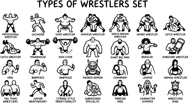 Black and White Line Art Set of Wrestler Types Icons and Illustrations for Sports and Combat