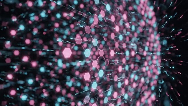 Abstract Technology Creative motion graphics of floating pink and blue hexagonal shapes exploding