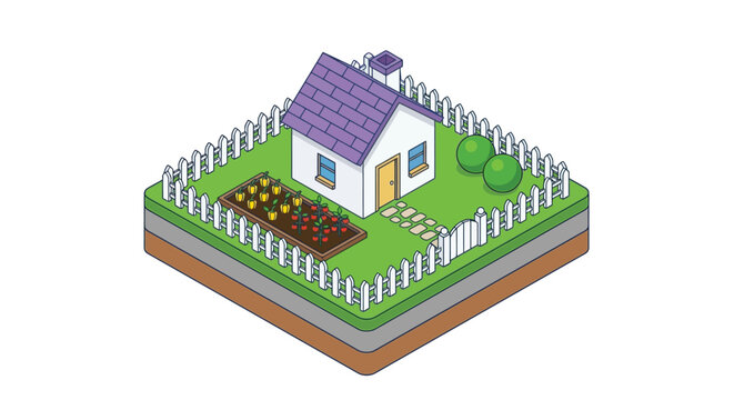 Isometric house with garden and white picket fence