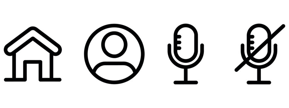 Minimalist black line icons set featuring home, user, microphone and mute symbols for interface.