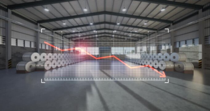 Industrial business concept, downward-trending financial graph over warehouse filled with steel rolled coil. Symbolizes falling commodity prices, reduced manufacturing demand and market instability.