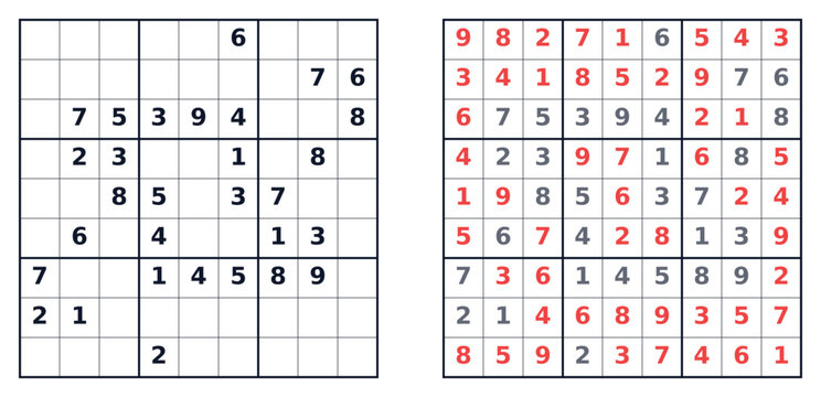 Classic hard Sudoku puzzle (v4) grids with solutions highlighted in red  