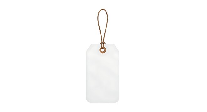 Minimalist blank tag with rope loop hanging against plain background