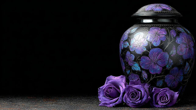 A decorative, black ceramic urn with painted purple flowers rests beside matching purple roses on a dark, somber background, creating a respectful and memorial-focused composition.