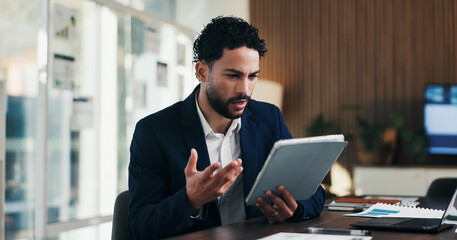 Man, confused and stress in office with tablet for guest list, anxiety and development. Event planner, reservation and person with tech for vendor management, issue or mistake for venue booking © peopleimages.com