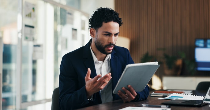 Man, confused and stress in office with tablet for guest list, anxiety and development. Event planner, reservation and person with tech for vendor management, issue or mistake for venue booking
