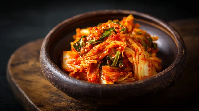 Korean food kimchi fermented cabbage spicy Korean cuisine probiotic dish rustic bowl traditional Korean side dish texture detail moody lighting minimal background