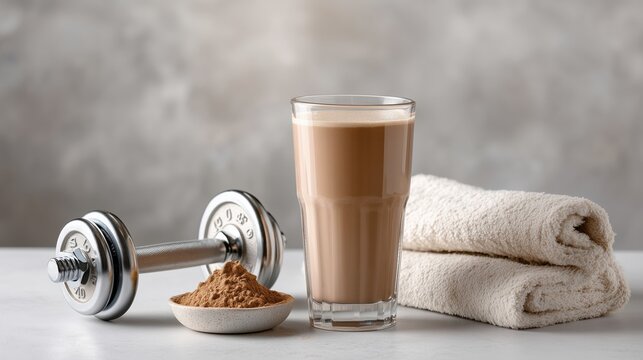 Protein shake in clean setup with powder scoop, towel and dumbbell forming balanced nutrition scene that highlights simple fitness routine and supports universal healthy lifestyle context