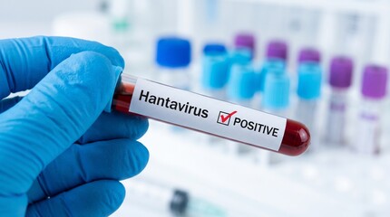 Fototapeta premium Doctor holding blood sample tube with hantavirus test in clinical laboratory, viral infection diagnostics, epidemiology research and healthcare analysis concept 