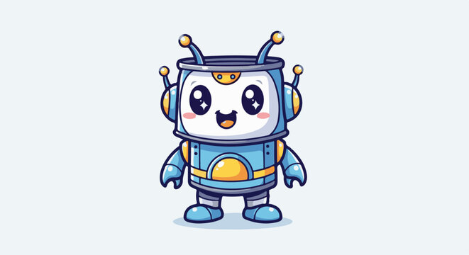 A cute, smiling, blue and yellow robot with antennae and big eyes