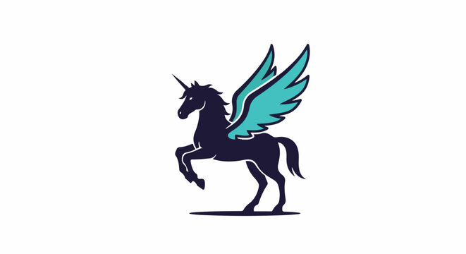 A dark blue winged unicorn stands on its hind legs against a white background
