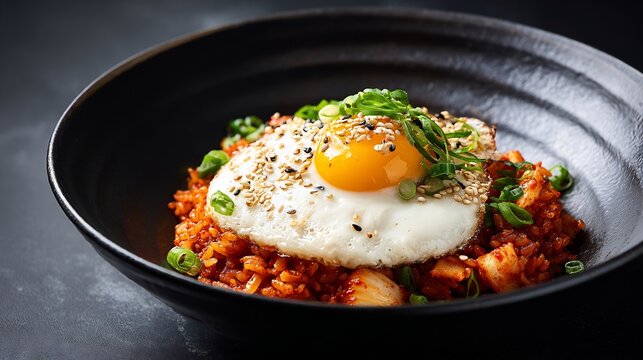 Korean food kimchi fried rice Korean cuisine spicy rice egg scallion crispy texture wok style minimal composition top view clean background