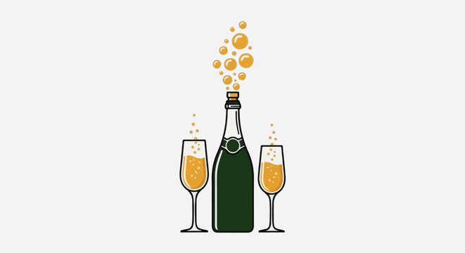 A dark green bottle with a green label and cork spews golden bubbles, flanked by two flutes of bubbling golden liquid