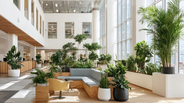 Modern Indoor Garden with Green Plants and Cozy Seating Area