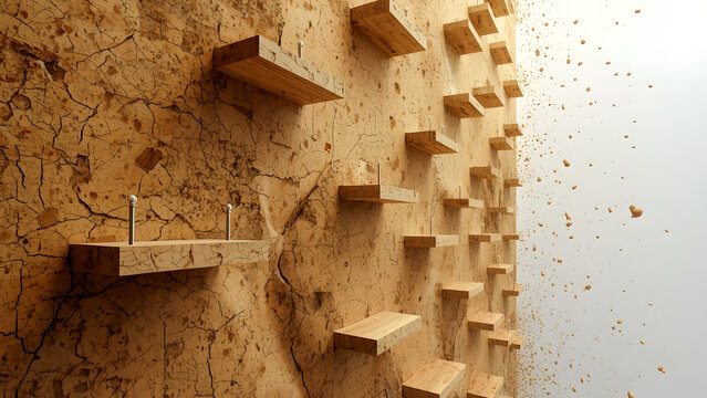 Textured Clay Wall with Wooden Shelves Interior Design