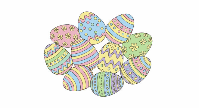 A cluster of vibrantly decorated Easter eggs in pastel shades, adorned with playful patterns