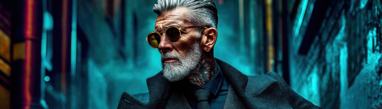 Silver hair bearded man sunglasses neck tattoo trench coat urban alley moody light father day dad daddy with silver hair bearded man sunglasses