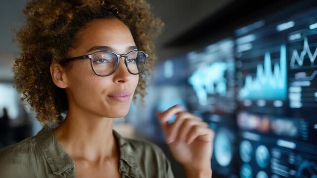 Woman Analyzing Data: A focused woman wearing glasses gazes intently at a large digital screen displaying complex data charts and graphs, highlighting a moment of technological engagement.