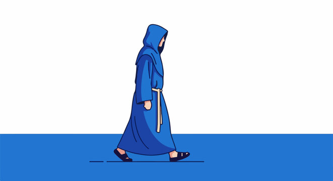 A cloaked figure in blue walks forward against a stark white and blue background