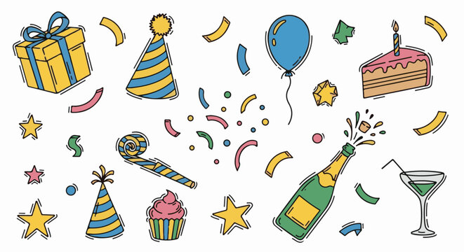 A collection of colorful party elements gift, hats, balloon, cake, cupcake, champagne, and cocktail