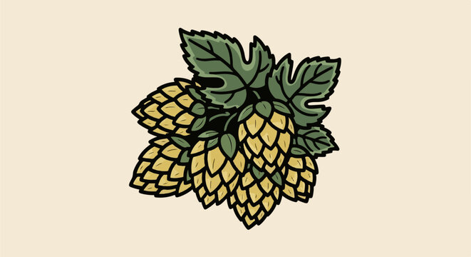 A bunch of yellow hop cones with green leaves, outlined in black