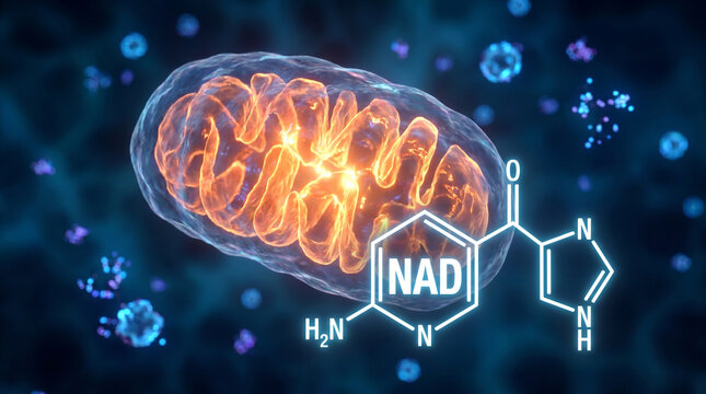 AI generated image of 3D abstract NAD molecule chemical structure over a glowing mitochondrion, medical visualization suitable for cellular energy, anti-aging, biohacking, and healthcare design 
