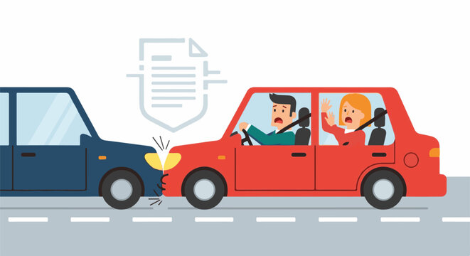 A cartoon illustration depicts two cars colliding on a road, with startled occupants