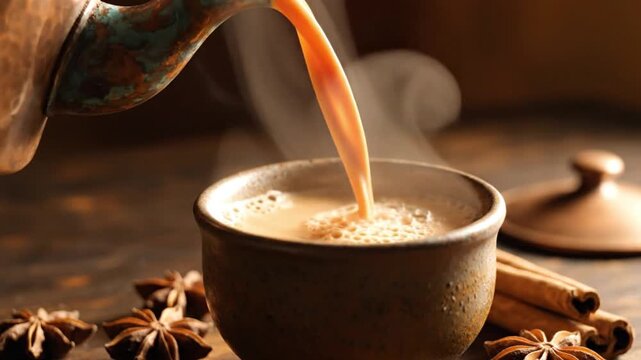Hot masala chai tea being poured from a vintage copper teapot into a rustic ceramic cup, steaming aromatic spiced beverage preparation.