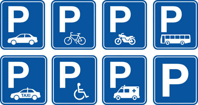 Parking sign set. Parking sign car, bicycle, motorcycle, bus, disabled person, campervan, visitor parking signboard. Vector illustration.