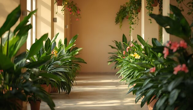 A serene corridor lined with an array of vibrant beauty plants, featuring lush green leaves and colorful blooms, with soft natural light pouring in from the sides, illuminating the gentle curves of th
