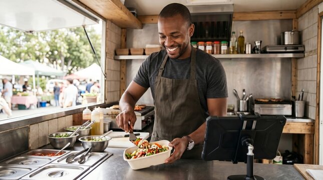 African american man working as a food truck chef preparing fresh meal in container. Small business owner serving healthy street food to client. Culinary service and catering concept.